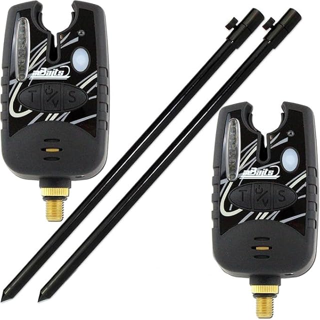 Two Angel-Berger electronic bite alarms with telescopic banksticks