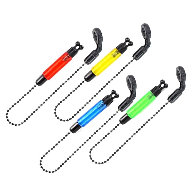 Four Hirisi Tackle carp fishing swingers in red, blue, yellow and green