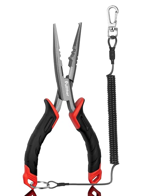pullther carbon steel needle-nose fishing pliers with lanyard