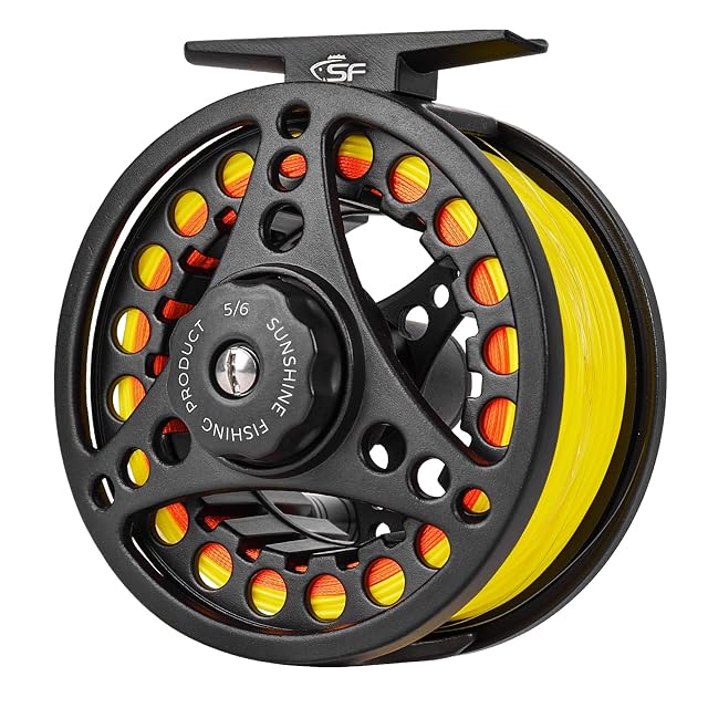 SF matt black large arbor fly reel with fluorescent yellow line, size 5/6