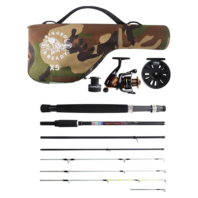 Rigged & Ready X5 travel fishing kit with interchangeable rod sections