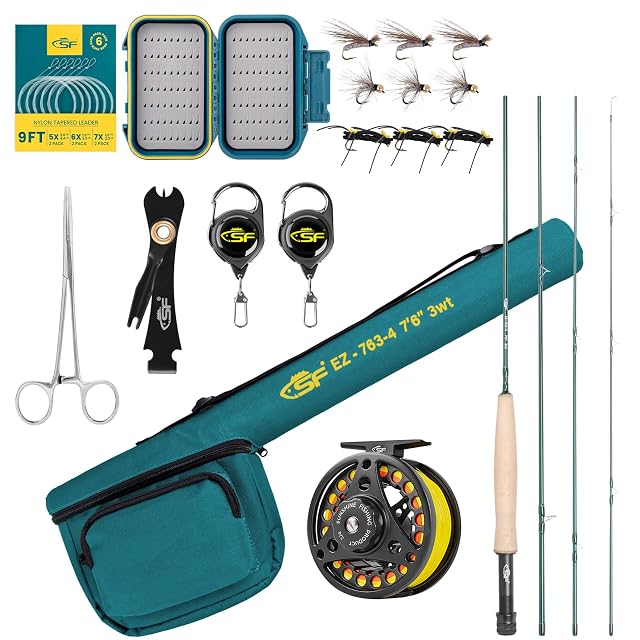 SF emerald green 3 weight fly rod outfit with reel, case and fly box