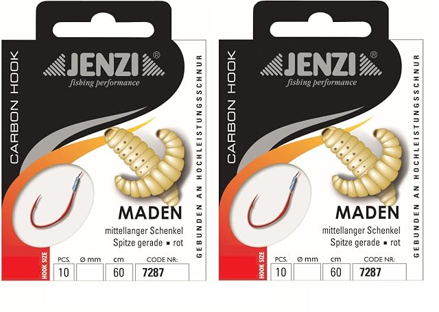 Jenzi maggot hooks tied to 60 cm mono leaders, size 12