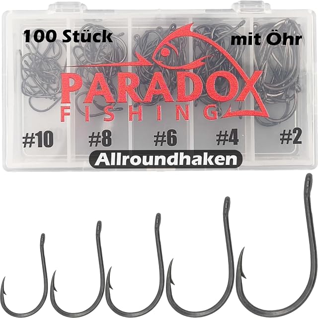 Paradox Fishing 100-piece eyed fishing hook set in five sizes