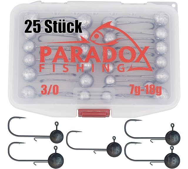 Paradox Fishing 25-piece 3/0 jig head set in five weights