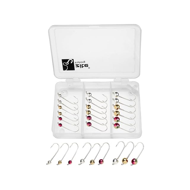 Zite Fishing micro tungsten jig heads in neon colours on trout hooks