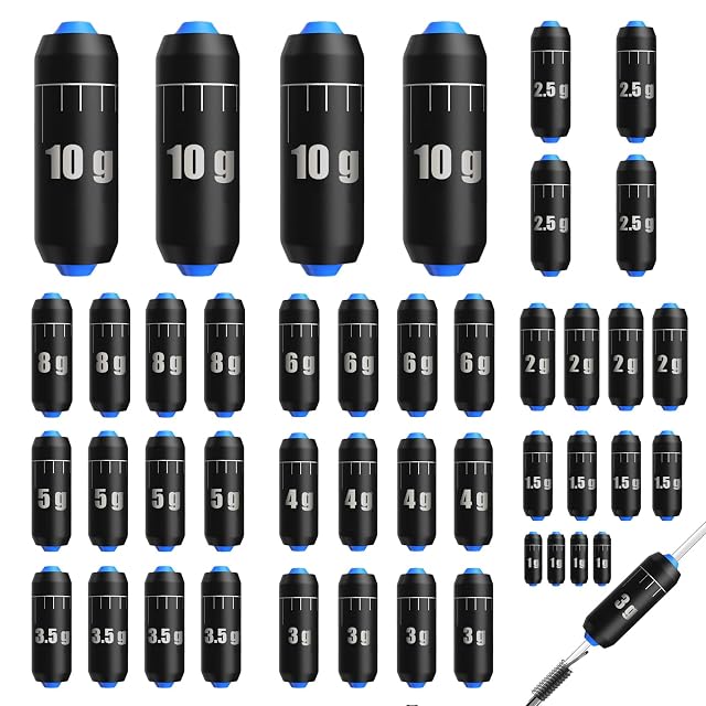 YYMT 44-piece cylindrical fishing sinker set with engraved weights