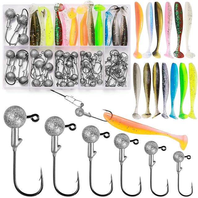 Annyswit 58-piece jig head set with soft bodies in a compartment box