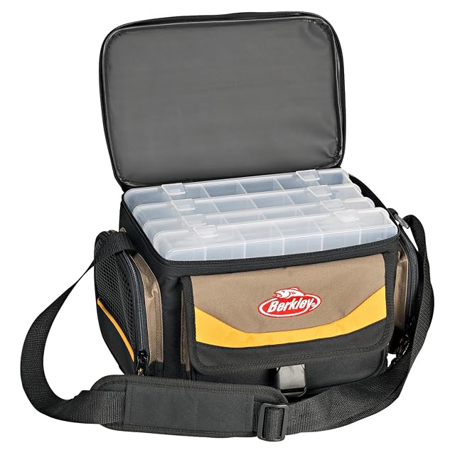 Berkley System Bag tackle bag in red, grey and black with four boxes