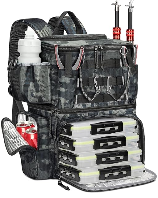 MATEIN waterproof fishing backpack with tackle boxes and rod holders